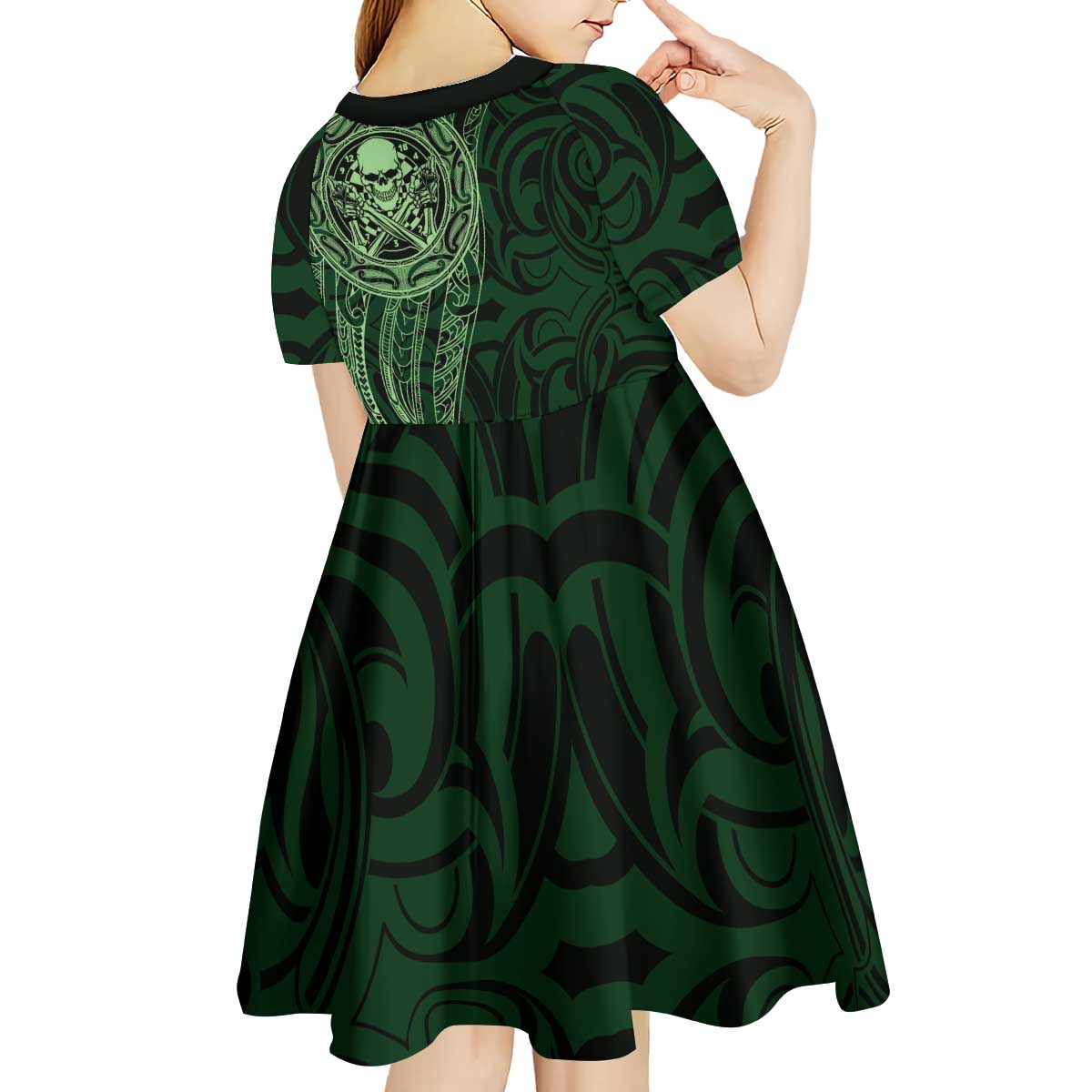 New Zealand Skull Darts Kid Short Sleeve Dress Aotearoa Maori Chest Tattoo Stylized Green - Aussie Hoodie