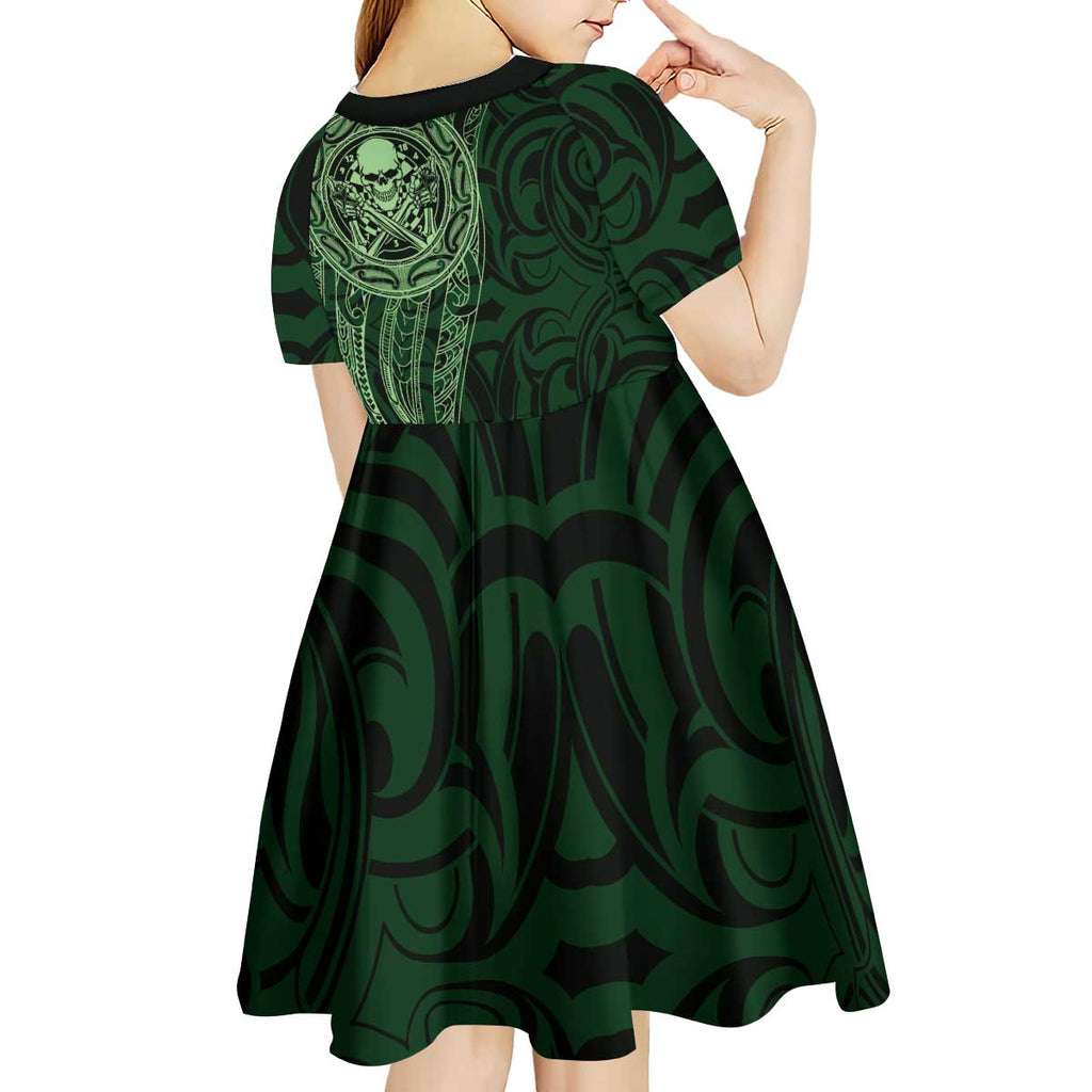 New Zealand Skull Darts Kid Short Sleeve Dress Aotearoa Maori Chest Tattoo Stylized Green - Aussie Hoodie