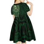 New Zealand Skull Darts Kid Short Sleeve Dress Aotearoa Maori Chest Tattoo Stylized Green - Aussie Hoodie