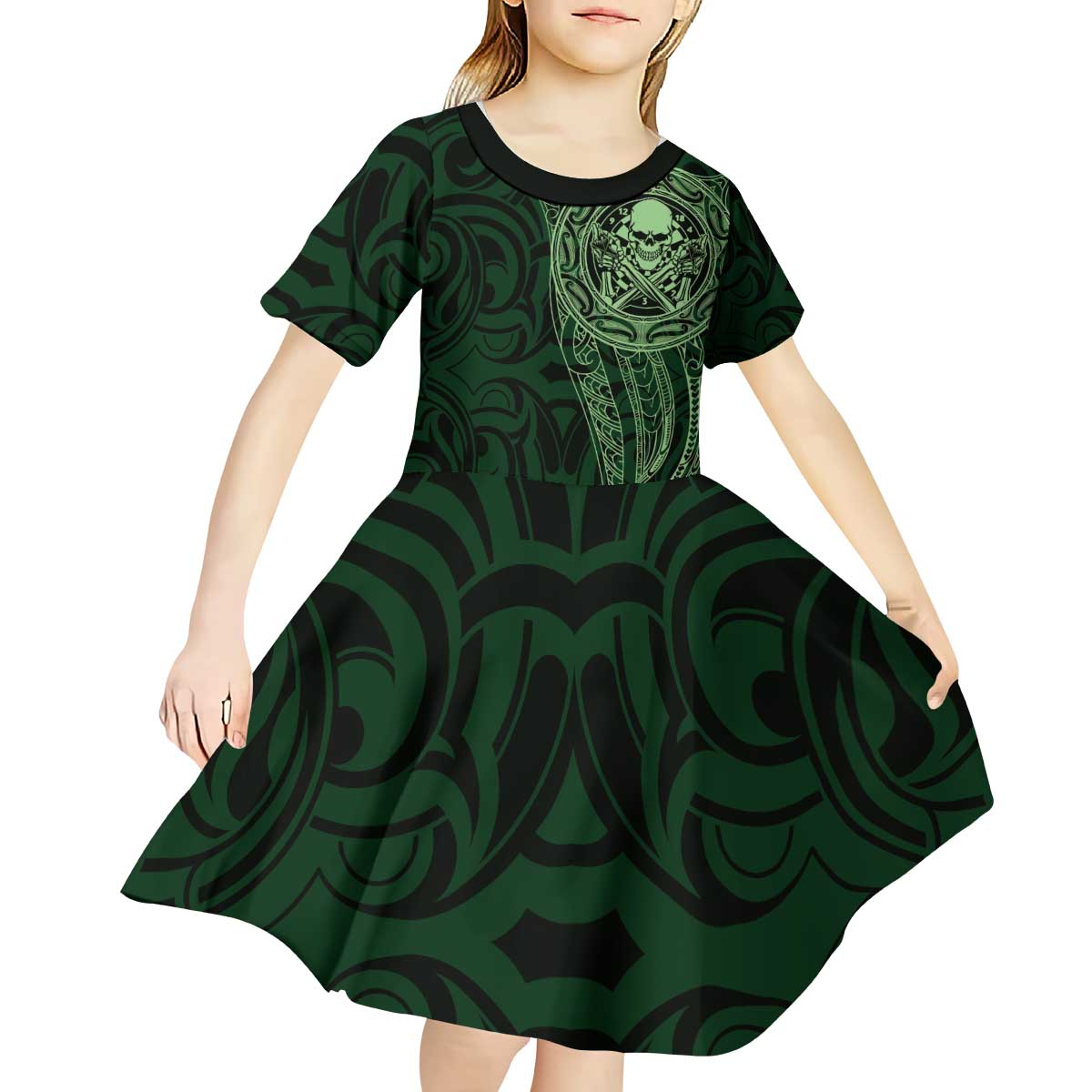 New Zealand Skull Darts Kid Short Sleeve Dress Aotearoa Maori Chest Tattoo Stylized Green - Aussie Hoodie