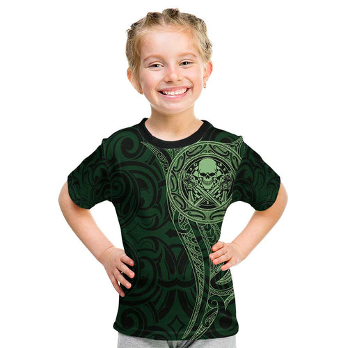 New Zealand Skull Darts Kid T Shirt Aotearoa Maori Chest Tattoo Stylized Green - Aussie Hoodie