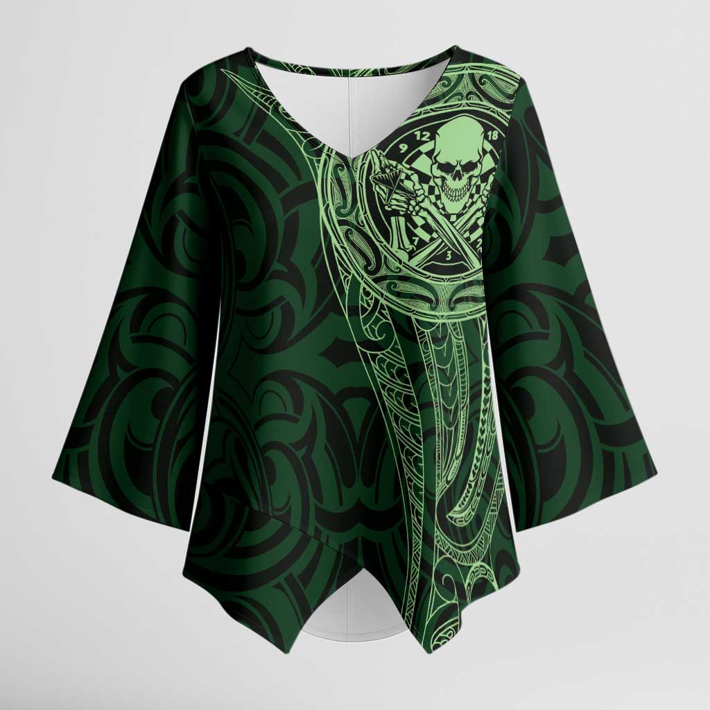New Zealand Skull Darts Kimono Sleeve Blouse Aotearoa Maori Chest Tattoo Stylized Green - Aussie Hoodie