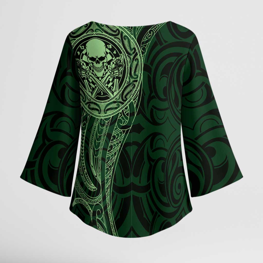 New Zealand Skull Darts Kimono Sleeve Blouse Aotearoa Maori Chest Tattoo Stylized Green - Aussie Hoodie