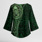 New Zealand Skull Darts Kimono Sleeve Blouse Aotearoa Maori Chest Tattoo Stylized Green - Aussie Hoodie