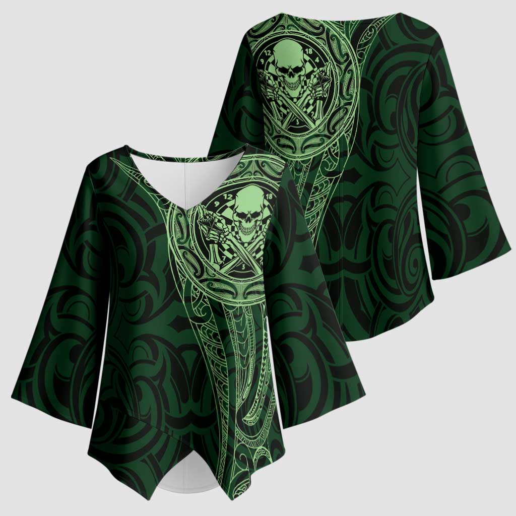 New Zealand Skull Darts Kimono Sleeve Blouse Aotearoa Maori Chest Tattoo Stylized Green - Aussie Hoodie