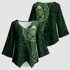 New Zealand Skull Darts Kimono Sleeve Blouse Aotearoa Maori Chest Tattoo Stylized Green - Aussie Hoodie