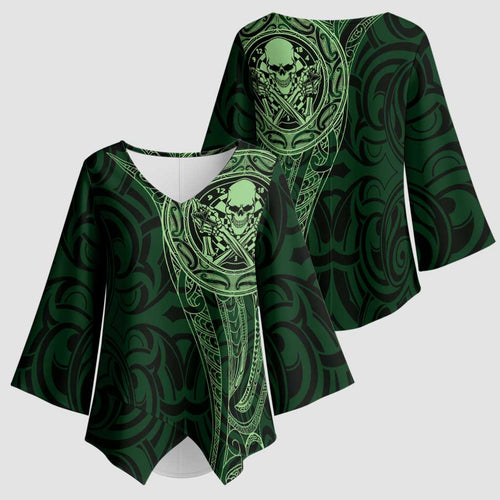 New Zealand Skull Darts Kimono Sleeve Blouse Aotearoa Maori Chest Tattoo Stylized Green - Aussie Hoodie