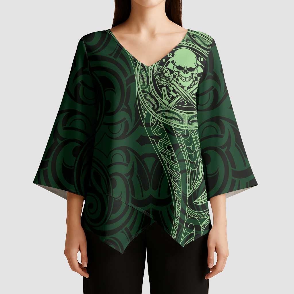 New Zealand Skull Darts Kimono Sleeve Blouse Aotearoa Maori Chest Tattoo Stylized Green - Aussie Hoodie