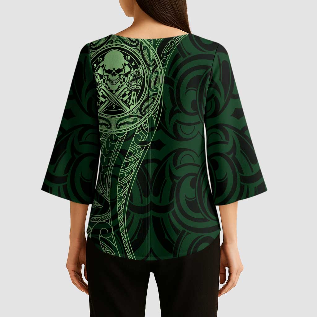 New Zealand Skull Darts Kimono Sleeve Blouse Aotearoa Maori Chest Tattoo Stylized Green - Aussie Hoodie