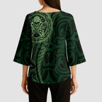 New Zealand Skull Darts Kimono Sleeve Blouse Aotearoa Maori Chest Tattoo Stylized Green - Aussie Hoodie