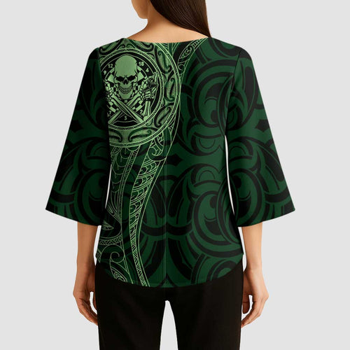 New Zealand Skull Darts Kimono Sleeve Blouse Aotearoa Maori Chest Tattoo Stylized Green - Aussie Hoodie