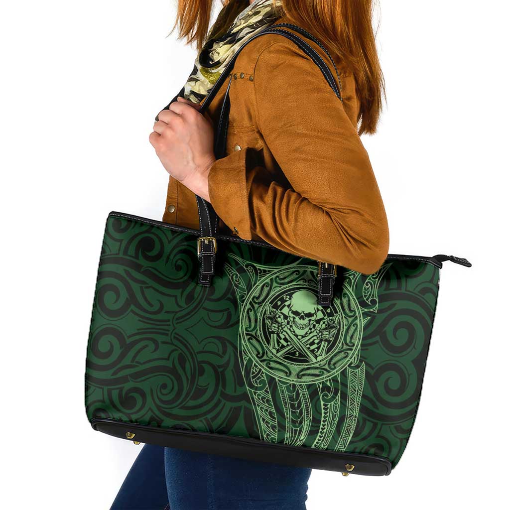 New Zealand Skull Darts Leather Tote Bag Aotearoa Maori Chest Tattoo Stylized Green - Aussie Hoodie