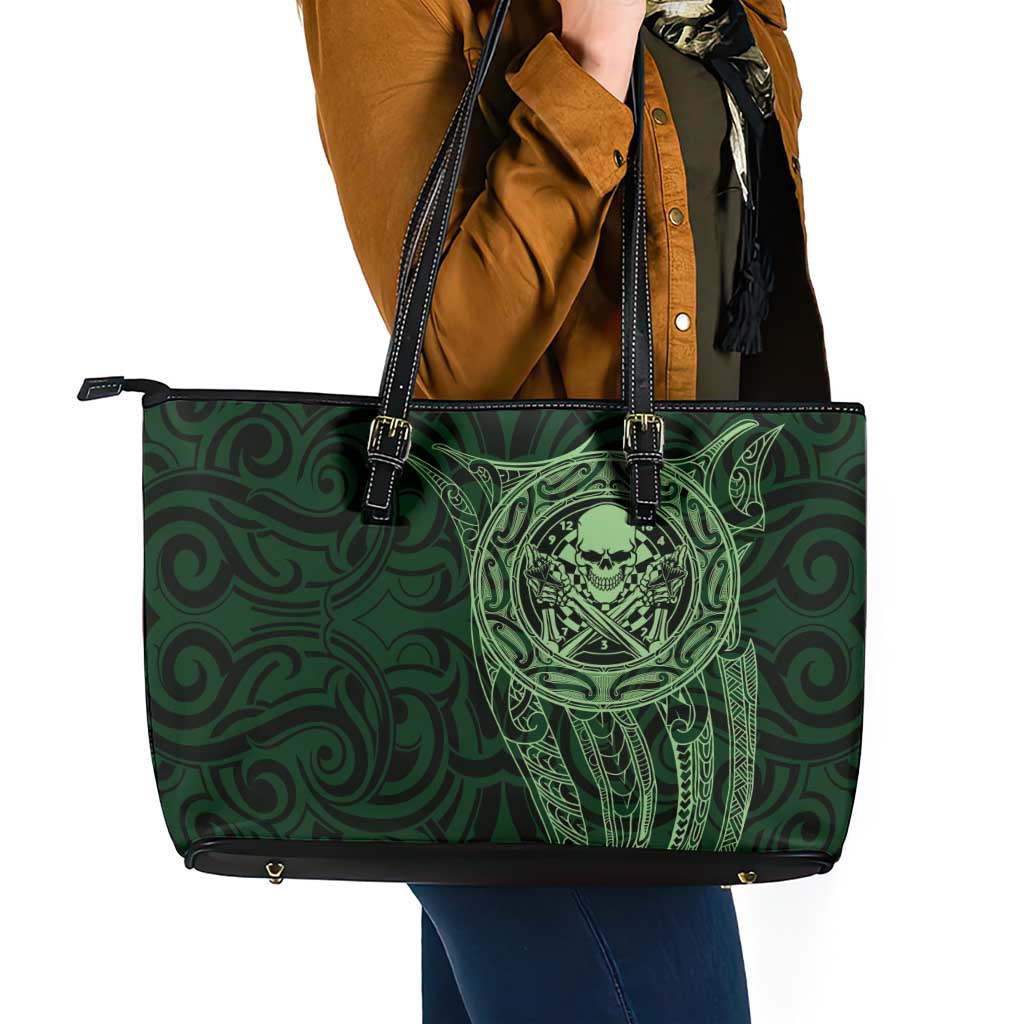 New Zealand Skull Darts Leather Tote Bag Aotearoa Maori Chest Tattoo Stylized Green - Aussie Hoodie