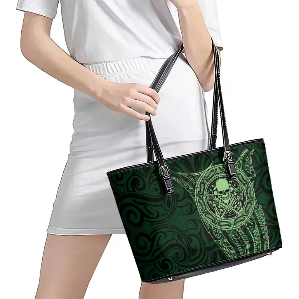 New Zealand Skull Darts Leather Tote Bag Aotearoa Maori Chest Tattoo Stylized Green - Aussie Hoodie
