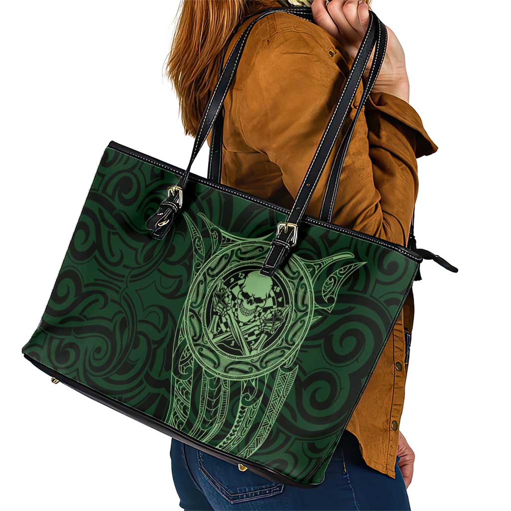 New Zealand Skull Darts Leather Tote Bag Aotearoa Maori Chest Tattoo Stylized Green - Aussie Hoodie