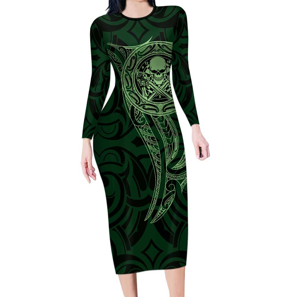New Zealand Skull Darts Long Sleeve Bodycon Dress Aotearoa Maori Chest Tattoo Stylized Green - Aussie Hoodie