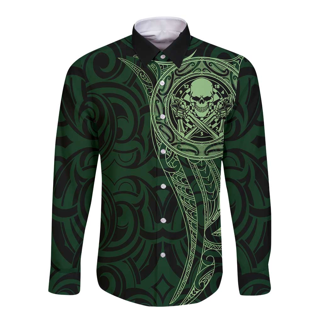 New Zealand Skull Darts Long Sleeve Button Shirt Aotearoa Maori Chest Tattoo Stylized Green - Aussie Hoodie