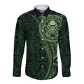 New Zealand Skull Darts Long Sleeve Button Shirt Aotearoa Maori Chest Tattoo Stylized Green - Aussie Hoodie