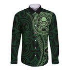 New Zealand Skull Darts Long Sleeve Button Shirt Aotearoa Maori Chest Tattoo Stylized Green - Aussie Hoodie