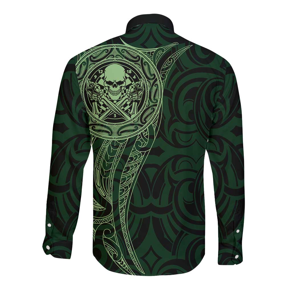 New Zealand Skull Darts Long Sleeve Button Shirt Aotearoa Maori Chest Tattoo Stylized Green - Aussie Hoodie