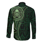 New Zealand Skull Darts Long Sleeve Button Shirt Aotearoa Maori Chest Tattoo Stylized Green - Aussie Hoodie