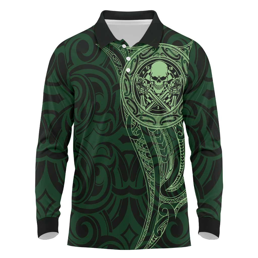 New Zealand Skull Darts Long Sleeve Polo Shirt Aotearoa Maori Chest Tattoo Stylized Green - Aussie Hoodie
