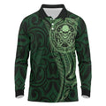 New Zealand Skull Darts Long Sleeve Polo Shirt Aotearoa Maori Chest Tattoo Stylized Green - Aussie Hoodie