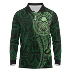 New Zealand Skull Darts Long Sleeve Polo Shirt Aotearoa Maori Chest Tattoo Stylized Green - Aussie Hoodie