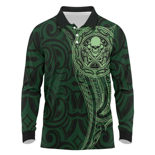 New Zealand Skull Darts Long Sleeve Polo Shirt Aotearoa Maori Chest Tattoo Stylized Green - Aussie Hoodie