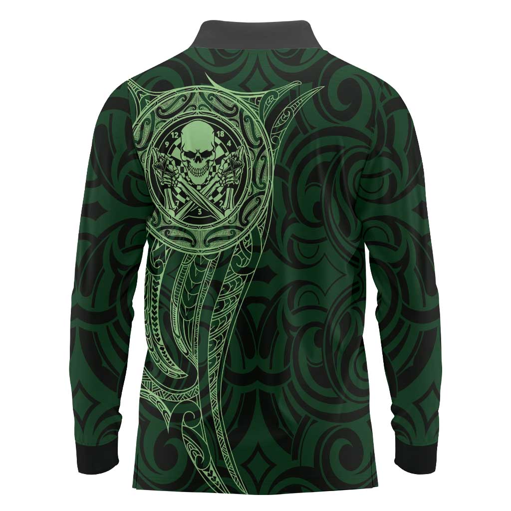 New Zealand Skull Darts Long Sleeve Polo Shirt Aotearoa Maori Chest Tattoo Stylized Green - Aussie Hoodie