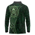 New Zealand Skull Darts Long Sleeve Polo Shirt Aotearoa Maori Chest Tattoo Stylized Green - Aussie Hoodie