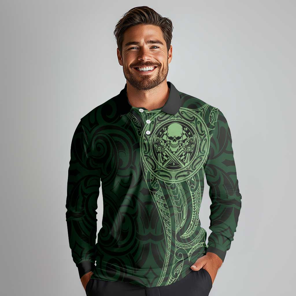 New Zealand Skull Darts Long Sleeve Polo Shirt Aotearoa Maori Chest Tattoo Stylized Green - Aussie Hoodie