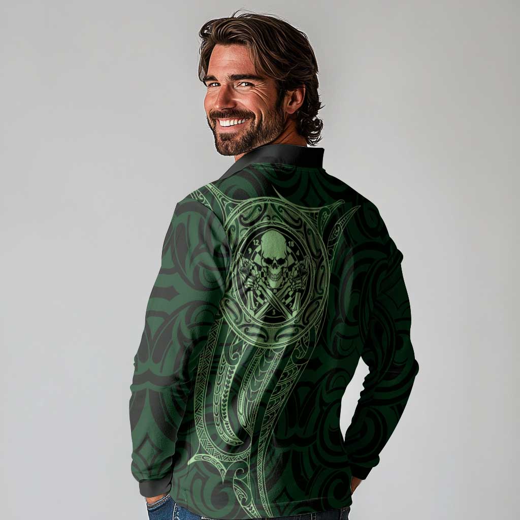 New Zealand Skull Darts Long Sleeve Polo Shirt Aotearoa Maori Chest Tattoo Stylized Green - Aussie Hoodie