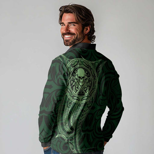 New Zealand Skull Darts Long Sleeve Polo Shirt Aotearoa Maori Chest Tattoo Stylized Green - Aussie Hoodie