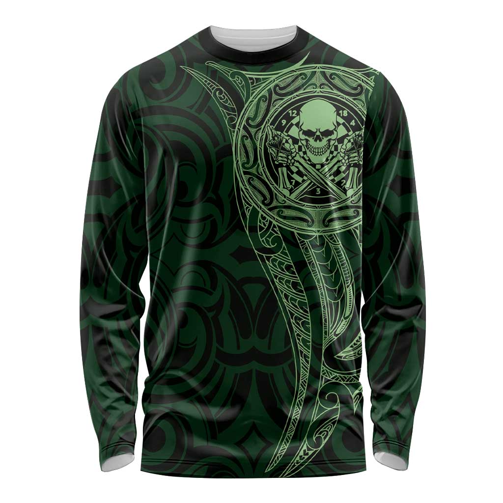 New Zealand Skull Darts Long Sleeve Shirt Aotearoa Maori Chest Tattoo Stylized Green - Aussie Hoodie