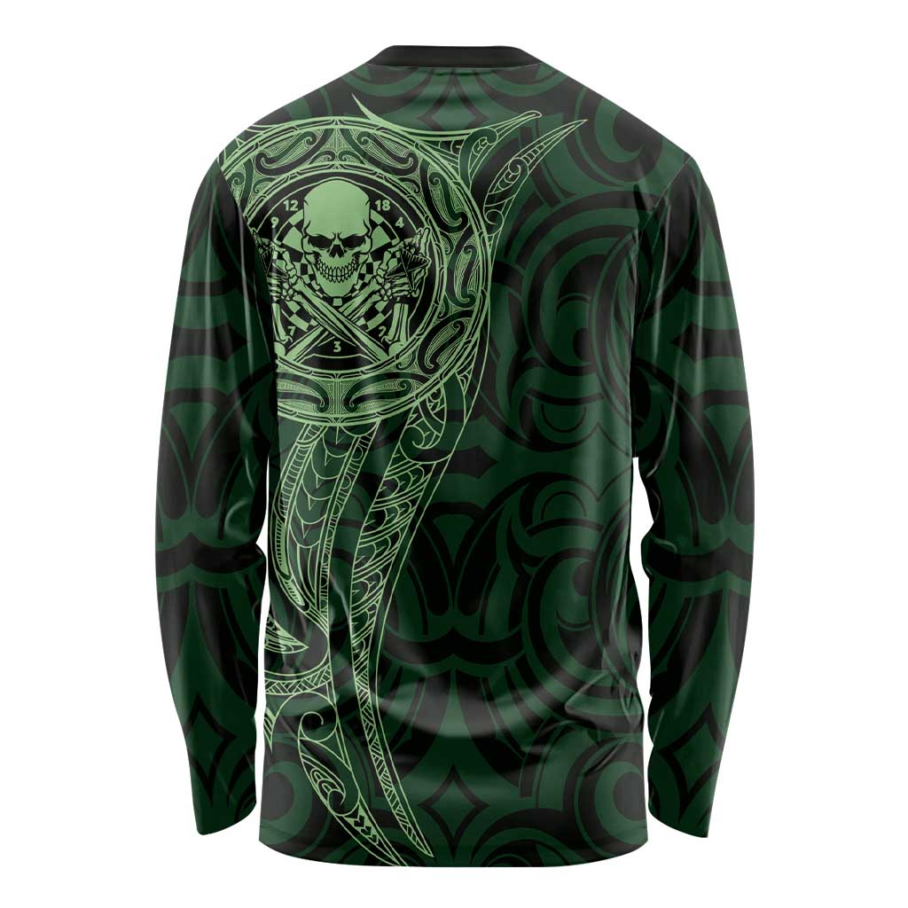 New Zealand Skull Darts Long Sleeve Shirt Aotearoa Maori Chest Tattoo Stylized Green - Aussie Hoodie