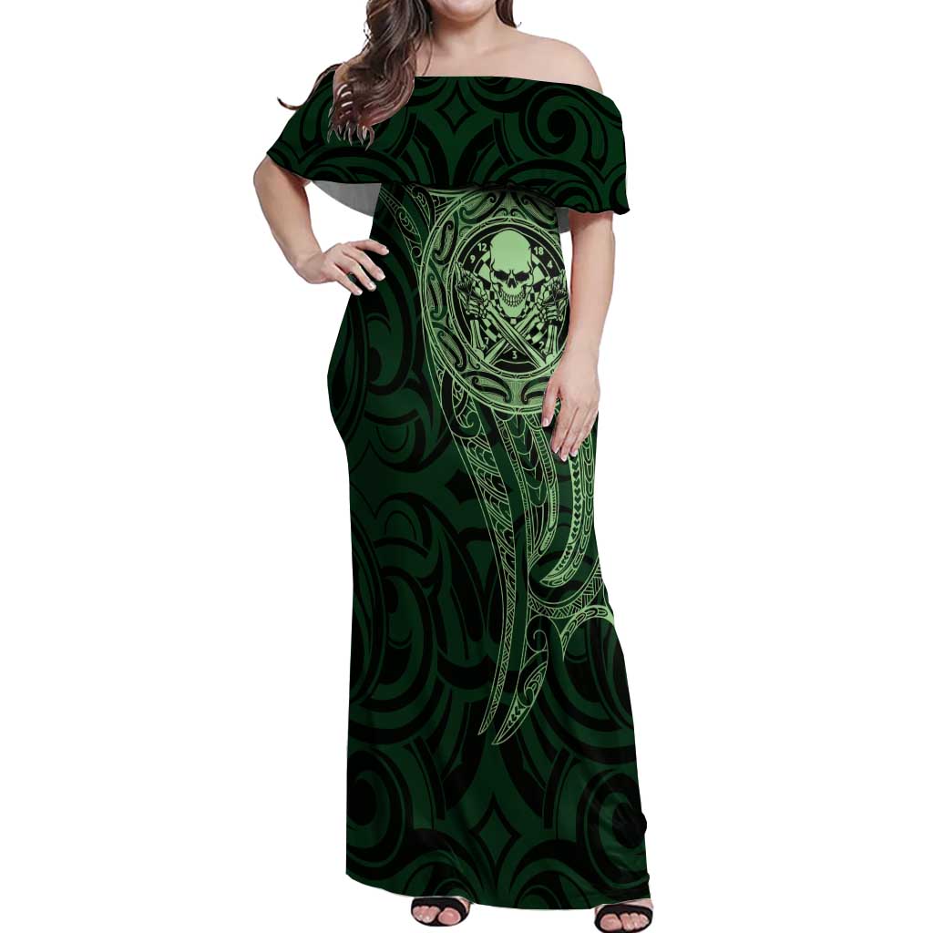 New Zealand Skull Darts Off Shoulder Maxi Dress Aotearoa Maori Chest Tattoo Stylized Green - Aussie Hoodie