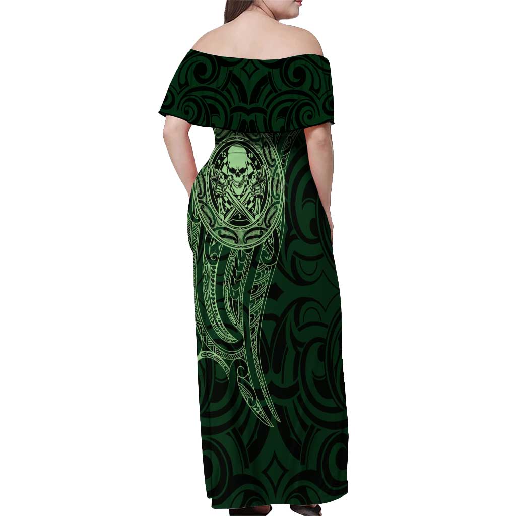 New Zealand Skull Darts Off Shoulder Maxi Dress Aotearoa Maori Chest Tattoo Stylized Green - Aussie Hoodie