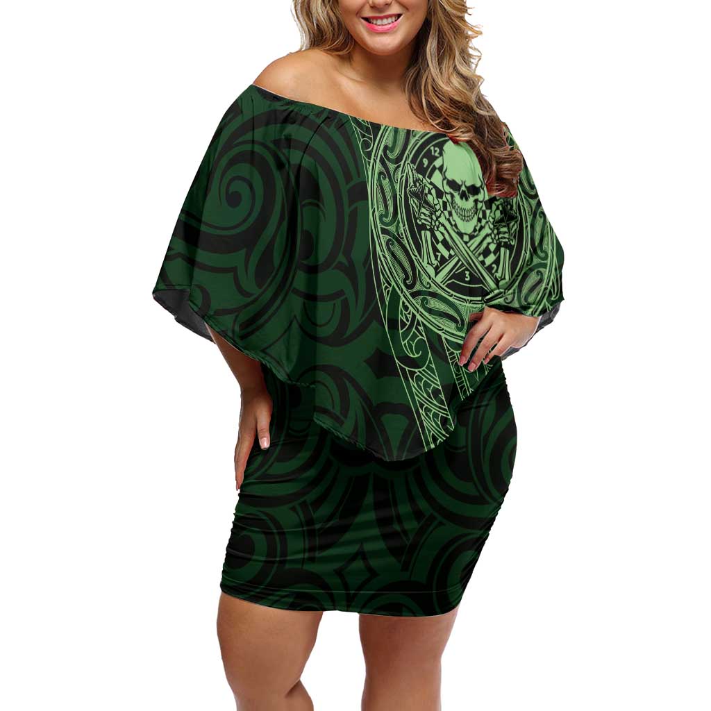 New Zealand Skull Darts Off Shoulder Short Dress Aotearoa Maori Chest Tattoo Stylized Green - Aussie Hoodie