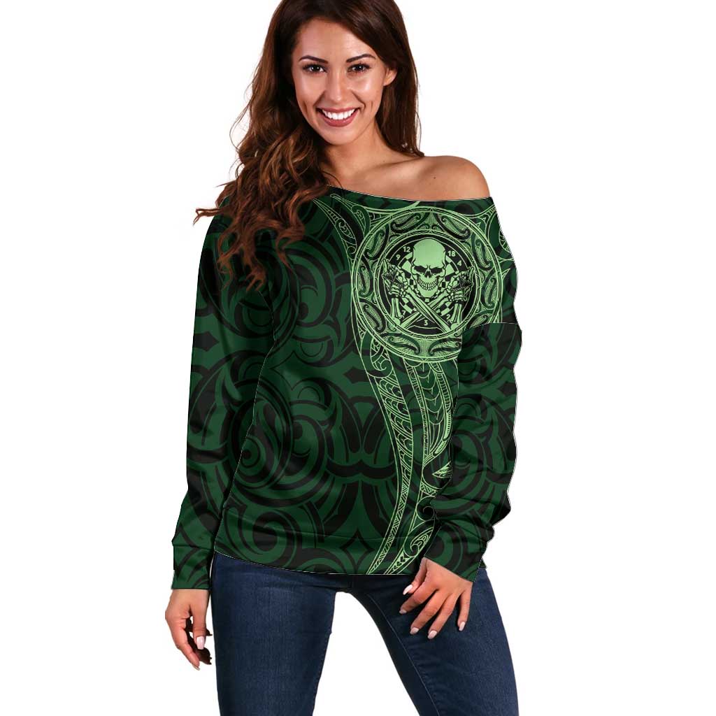 New Zealand Skull Darts Off Shoulder Sweater Aotearoa Maori Chest Tattoo Stylized Green - Aussie Hoodie