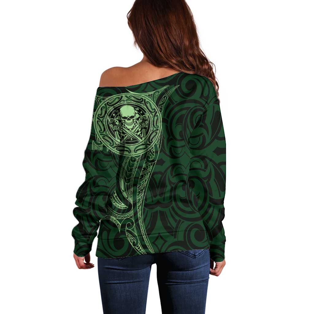 New Zealand Skull Darts Off Shoulder Sweater Aotearoa Maori Chest Tattoo Stylized Green - Aussie Hoodie