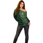 New Zealand Skull Darts Off Shoulder Sweater Aotearoa Maori Chest Tattoo Stylized Green - Aussie Hoodie