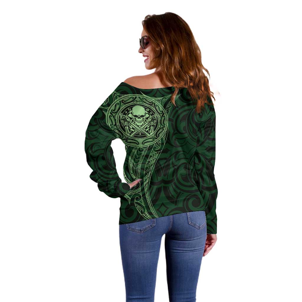 New Zealand Skull Darts Off Shoulder Sweater Aotearoa Maori Chest Tattoo Stylized Green - Aussie Hoodie