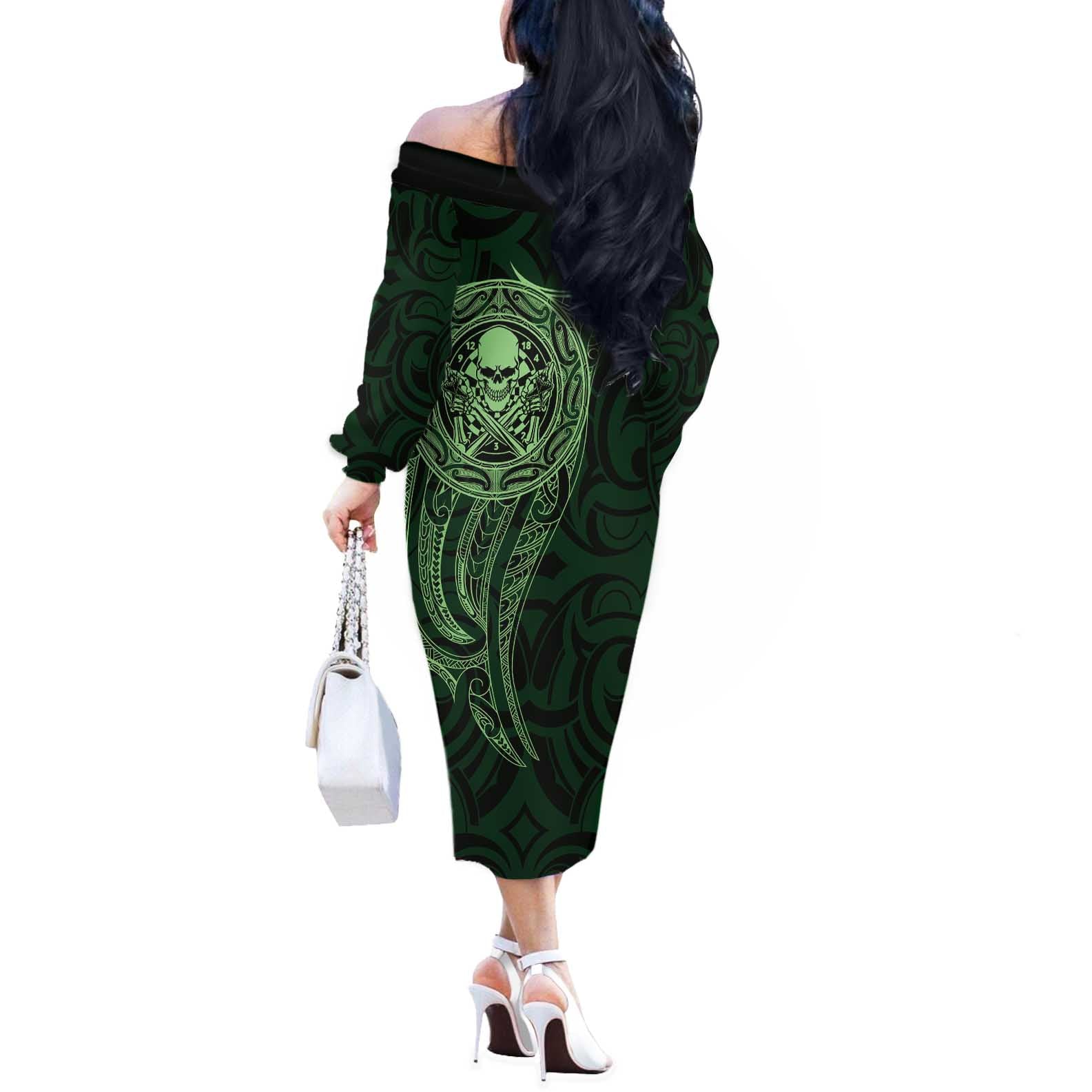 New Zealand Skull Darts Off The Shoulder Long Sleeve Dress Aotearoa Maori Chest Tattoo Stylized Green - Aussie Hoodie