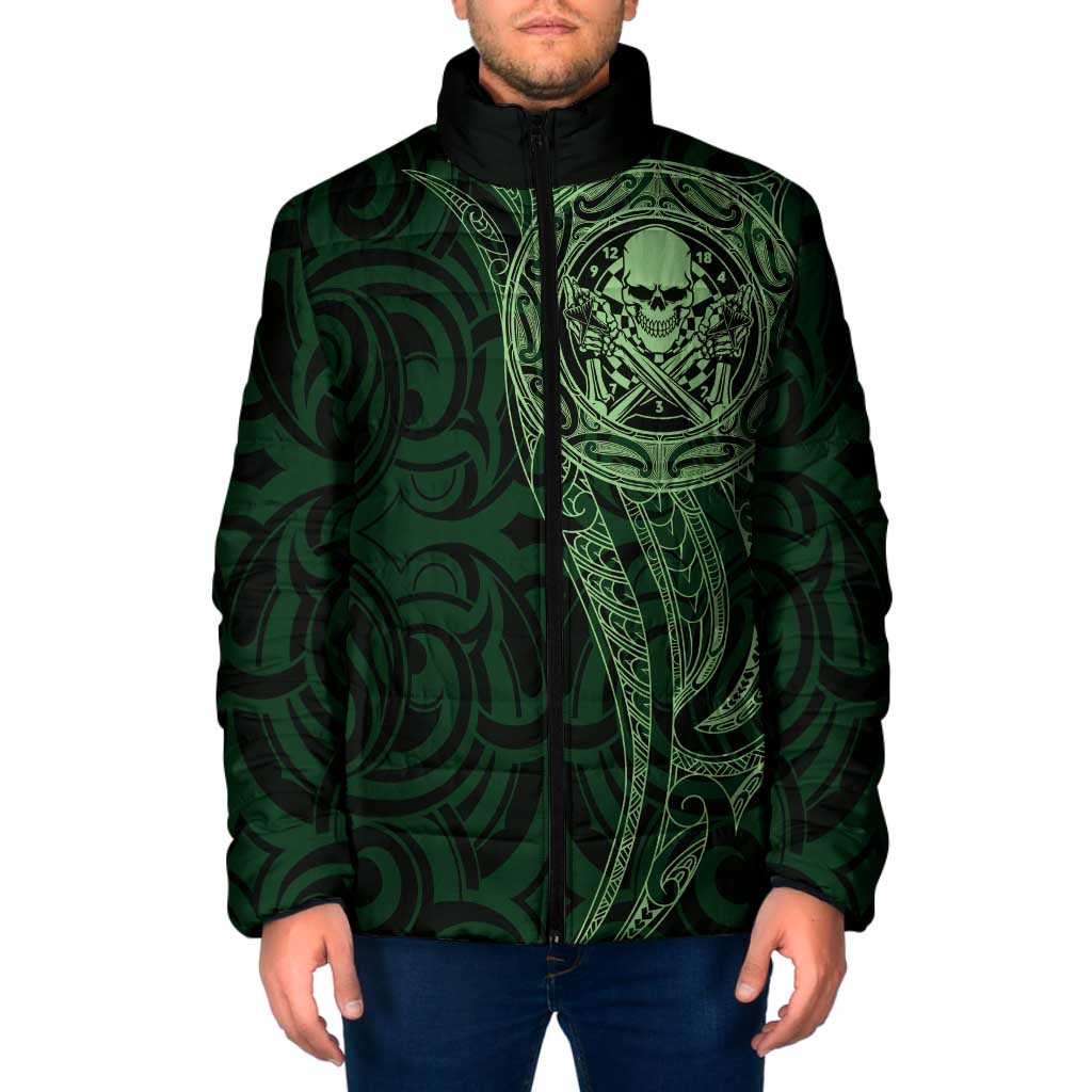 New Zealand Skull Darts Padded Jacket Aotearoa Maori Chest Tattoo Stylized Green - Aussie Hoodie
