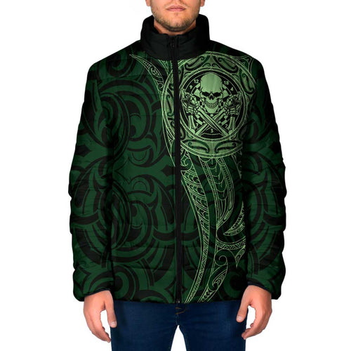 New Zealand Skull Darts Padded Jacket Aotearoa Maori Chest Tattoo Stylized Green - Aussie Hoodie