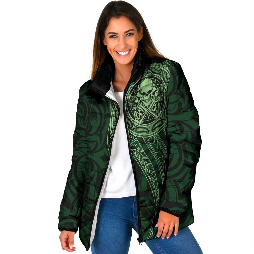 New Zealand Skull Darts Padded Jacket Aotearoa Maori Chest Tattoo Stylized Green - Aussie Hoodie