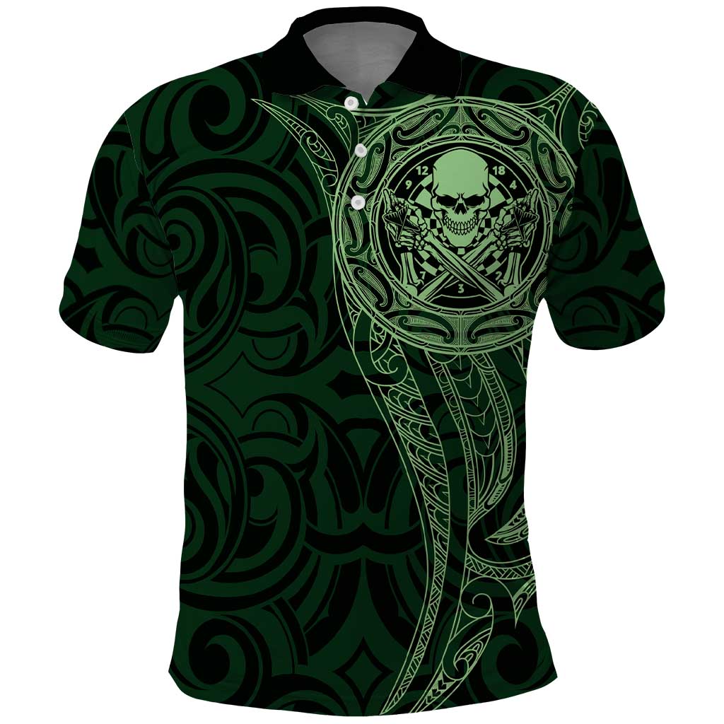 New Zealand Skull Darts Polo Shirt Aotearoa Maori Chest Tattoo Stylized Green - Aussie Hoodie