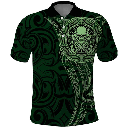 New Zealand Skull Darts Polo Shirt Aotearoa Maori Chest Tattoo Stylized Green - Aussie Hoodie