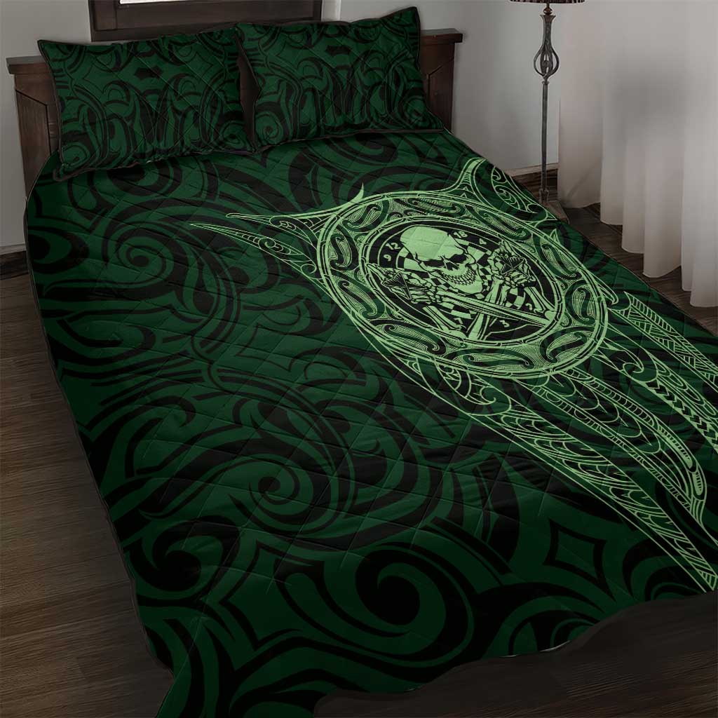 New Zealand Skull Darts Quilt Bed Set Aotearoa Maori Chest Tattoo Stylized Green - Aussie Hoodie